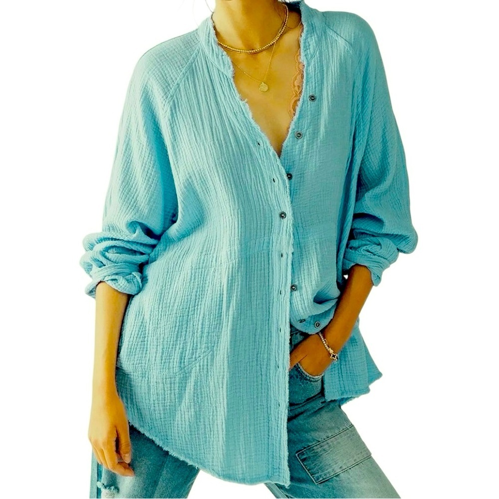 Turquoise Blue Cotton Gauze V-Neck Button Down Long Sleeve Shirt Mandarin Collar